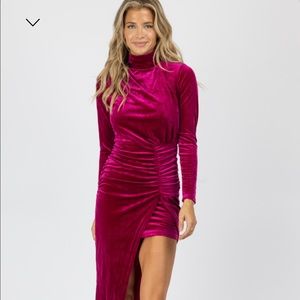 L’ABEYE- Small MAGENTA VELVET RUCHED ASYMMETRICAL MIDI DRESS